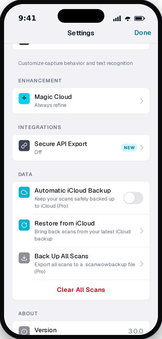 ScanWow automatic iCloud backup